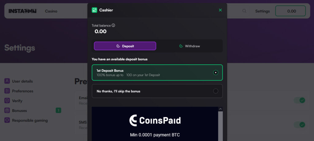 Crypto payments are processed via CoinsPaid