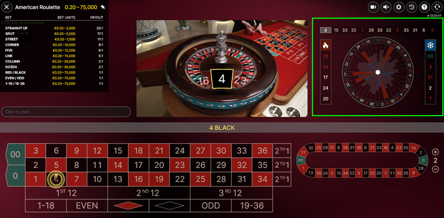 Hot and cold numbers (highlighted by the green square frame) at Stake Casino.