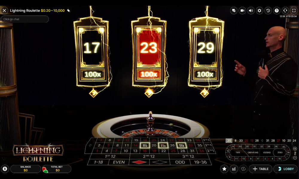 The lightning numbers as shown here in the background. They are randomly determined and displayed as the ball rolls in the wheel.