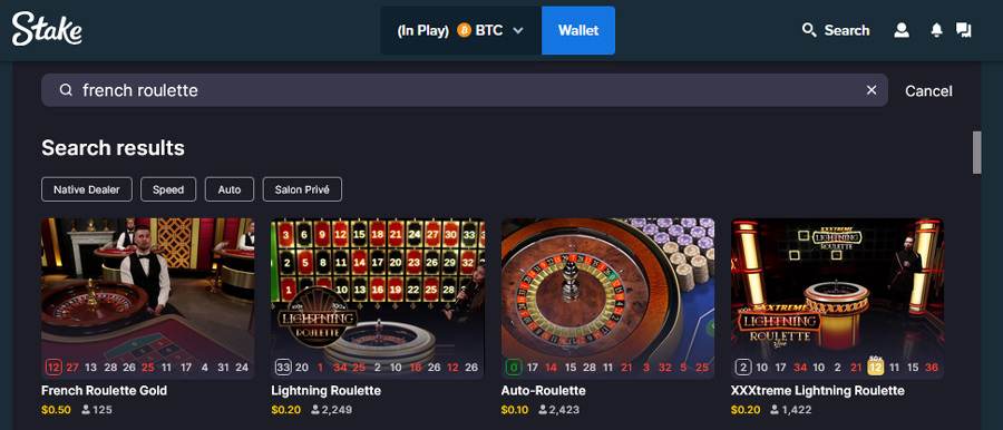 French Roulette live game options at Stake - some of them featuring the La Partage rule