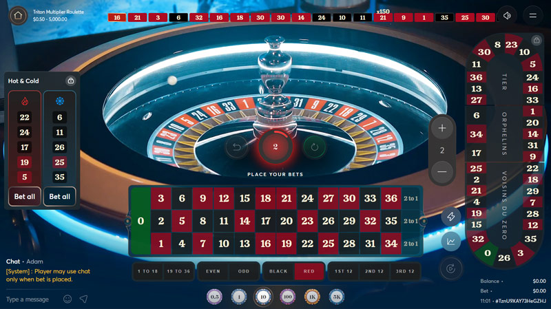 The croupier here has it easy, as the roulette wheel spin is automated here. You can make bets on either the layout or the racetrack, depending on which and how many numbers you want to cover.