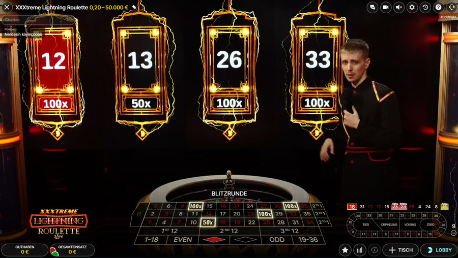 Das XXXtreme Lightning Roulette Studio mit den Blitzzahlen im Hintergrund.